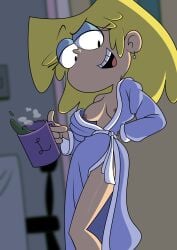 1girls 2d 2d_(artwork) 2d_artwork accurate_art_style blonde_female blonde_hair breast_slip breasts caucasian_female clothing coffee coffee_mug earrings eye_shadow female female_focus female_only gyaradosageiii leg looking_down_at_viewer lori_loud night nipple_slip nipples pinup revealing_breasts revealing_clothes robe robe_only robe_slip skinny skinny_female slim_female smile the_loud_house