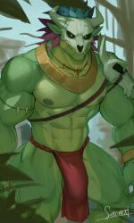 abs absurd_res anthro balls barely_visible_balls barely_visible_genitalia biceps bone bone_mask bottomwear clothed clothing genitals green_body hi_res lihzahrd lizard loincloth male mask muscular muscular_anthro muscular_male nipples pecs reptile sacorxi scalie skull skull_accessory skull_mask solo terraria topless topless_anthro topless_male witch_doctor_(terraria)