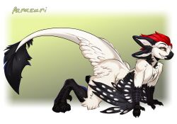 2025 4_ears all_fours ambiguous_gender anthro ass avali avian bedroom_eyes biped black_body black_claws black_feathers black_fur black_sclera chest_tuft claws digital_media_(artwork) digitigrade eyebrows feathered_wings feathers feet fingers fluffy fur hair hi_res layvan_(avali) long_tail looking_at_viewer male male_anthro markings multi_ear multicolored_body narrowed_eyes nude nude_anthro orange_eyes parazari pose pseudo_hair raised_tail red_hair scuted_legs scutes seductive shaded side_view signature simple_background smile solo tail tail_feathers tail_tuft teeth toe_claws toes tuft white_body white_feathers white_fur white_tail white_wings winged_arms wings yellow_eyes