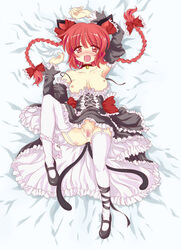 animal_ears ankle_lace-up armpits arms_up bangs bell bell_collar blush braid breasts cat_ears cat_tail censored choker collar cross-laced_footwear cute_fang dress female frilled_dress frills frilly_dress fur garter_straps gothic_lolita hair_ribbon highres jingle_bell lolita_fashion mary_janes mosaic_censoring multi_tail nipples north_abyssor panties panties_around_one_leg pussy red_eyes red_hair ribbon rin_kaenbyou shoes short_hair small_nipples tail thighhighs tied_hair touhou twin_braids twintails underwear white_legwear white_thighhighs