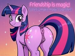 ai_generated animal_genitalia equine equine_anus equine_genitalia equine_pussy female feral friendship_is_magic hi_res horn mare my_little_pony my_little_pony_friendship_is_magic pony presenting solo tail text twilight_sparkle_(mlp) unicorn zero112113