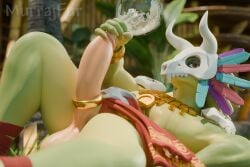 3:2 3d_(artwork) absurd_res anthro balls bamboo blender_(artwork) bodily_fluids bone cum cumming_in_jar digital_media_(artwork) feathers genital_fluids genitals glass gold_(metal) gold_jewelry grass green_body green_scales hi_res jewelry lihzahrd lizard looking_at_viewer lying male murrajfur on_back outside penis plant reptile scales scalie skull solo terraria tribal witch_doctor_(terraria)