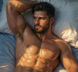 1boy abs ai_generated armpit_fetish armpit_hair beard brown_hair brunette_male digital_drawing_(artwork) fit_male male_focus male_only muscular muscular_male oil_painting opiarti sexy_male solo_male styled_hair sunlight tanned_body tanned_male tanned_skin