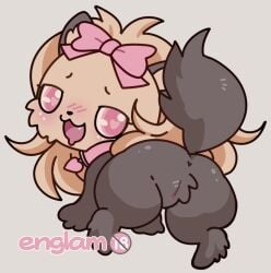 2026 :3d accessory age_restriction anus ass black_body black_butt black_fur black_paws black_tail blush blush_lines bodily_fluids bow_ribbon chibi collar colored digital_drawing_(artwork) digital_media_(artwork) drooling englam female feral fur genitals grey_background hair_accessory hair_ribbon hairbow hi_res jewelpet looking_at_viewer looking_back open_mouth pink_bow pink_collar pink_eyes pink_text presenting presenting_hindquarters presenting_vulva raised_tail ribbons saliva sanrio sega sega_fave signature simple_background solo solo_focus tail tan_body tan_fur teeth text topaz_(jewelpet) vulva