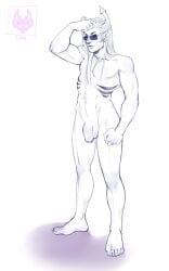 1boy 2014 alien alien_humanoid alternate_version_available artist_logo artist_request broken_horn equius_zahhak flaccid flaccid_penis glasses hair hand_on_head homestuck homestuck_troll horns humanoid humanoid_genitalia humanoid_penis long_hair male male_only monochrome ms_paint_adventures muscles muscular muscular_male naked naked_male no_artist_signature nude nude_male penis piercing shading solo solo_male standing sunglasses