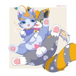 4_fingers 4_toes absurd_res animal_genitalia animal_penis anus balls bell bell_collar blue_body blue_eyes blue_fur blush calico_cat chair_position clitoris collar domestic_cat duo eye_contact eyelashes feet felid feline feline_genitalia feline_penis felis female female_on_top feral fingers fluffy_balls from_behind_position fur genitals glistening glistening_genitalia glistening_vulva green_eyes grey_body grey_fur half-closed_eyes hand_on_hand heart_symbol hi_res inner_ear_fluff jewelry league_of_legends looking_at_another male male/female mammal markings narrowed_eyes neck_tuft on_top open_mouth open_smile orange_body orange_fur pawpads penetration penile penile_penetration penis penis_in_vagina pink_nose pink_penis riot_games sex shaded signature simple_background slinky_(cookid) smile spread_legs spreading tail teeth tencent toes tuft vaginal_penetration vulva whiskers white_body white_fur yellow_markings yuumi_(lol) zyuuniie