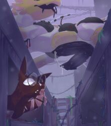 2_penises absurd_res bodily_fluids brown_body duo erection eyewear fan_character feral full-length_portrait gastropod genital_fluids genitals glasses hi_res looking_at_genitalia looking_at_penis looking_up male male/male mollusk multi_genitalia multi_penis penis portrait precum precum_string rain_world shieshuqqq size_difference slug surprised tongue tongue_out videocult wearing_glasses yellow_body