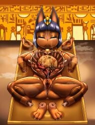 3_toes 5_fingers amputee animal_crossing ankha ankha_(animal_crossing) anthro anus black_hair breasts character_prepared_as_food dead death deceased disability domestic_cat feet felid feline felis female fingers food genitals gore gore_focus guro hair hi_res mammal meat nightmare_fuel nintendo nipples quadruple_amputee rice sausage solo toes vulva waynekan what why