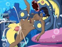 2025 brown_hair coral cum cum_in_pussy cum_inside cum_leaking dark-skinned_female dark_skin eelektross ejaculation excessive_cum generation_5_pokemon groping groping_breasts groping_from_behind holding_legs legs_spread mask nude nude_female penetration pokemon pokemon_(species) pokephilia seaworthy sollyzcrown spooning spread_legs superheroine underwater underwater_sex