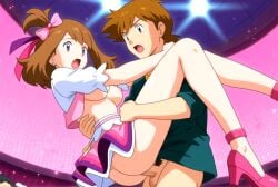 ai_generated blouse bows breasts brown_hair carrying green_eyes haruka_(pokemon) idol may_(pokemon) may_(pokemon_oras) neckline neon_lights nightclub nipples penetration pokemon pokemon_oras sex sexy sexy_body sexy_cleavage sexy_pose sexy_smile skirt things vaginal_penetration