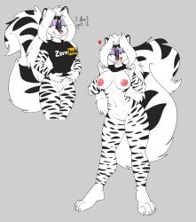 absurd_res anthro areola black_body black_fur bottomless bottomless_anthro bottomless_female breasts clothed clothing clothing_lift digital_media_(artwork) eyeliner felid female fur fur_markings genitals hair hi_res hybrid long_hair looking_at_viewer makeup mammal markings mephitid multicolored_body multicolored_fur nipples pantherine shirt shirt_lift simple_background skunk skunk_tail smile solo striped_body striped_fur striped_markings striped_tail stripes tail tail_markings text tiger tongue tongue_out topwear tuft two_tone_body two_tone_fur vulva white_body white_fur white_hair yellowdog zig_zag