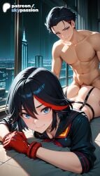 1boy 1girls 2026 ai_assisted ai_generated anime artist_name black_hair blue_eyes building city cityscape explicit hi_res high_quality high_resolution highres kill_la_kill matoi_ryuuko multicolored_hair patreon patreon_username skypassion smile stable_diffusion straight streaked_hair watermark