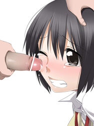 bar_censor black_eyes black_hair blush censor_bar censored cheek_poke chupimaro clenched_teeth copyright_request facejob female hand_on_head penis penis_on_cheek penis_on_face penis_poking_cheek poke poking precum short_hair simple_background tears white_background wince wink