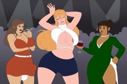1girls 2futas athorment athorment_oc big_breasts blonde_hair bouncing_breasts brown_hair bulge bulge_through_clothing bulge_under_clothes cleavage club cocktail_dress dress evelyn_(athorment) evelyn_(athorment)_(futa) female futa_with_female glasses hairbun imminent_sex intersex intersex/female latina lipstick long_hair lorena_(athorment) navel nipple_slip panties red_lipstick smile whistle
