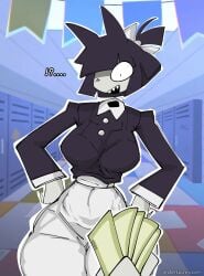 female female_focus fundamental_paper_education miss_bloomie_(fundamental_paper_education) money offscreen_character offscreen_male wide_hips