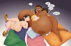 3girls areolae ass big_breasts blonde_hair blue_eyes breasts busty daisy_(jklind) dark-skinned_female dark_skin dialogue dreadlocks eyelashes female female_focus female_only gigantic_breasts groping_breasts huge_ass huge_breasts human jklind large_breasts laying_down long_hair mary_(jklind) massive_breasts mimi_(jklind) navel nipples nude ponytails shortstack thick_thighs wide_hips