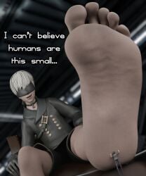 2boys 3d barefoot blindfold clothed clothing dwighteisenhower english_text feet femboy foot_fetish foot_focus gay giant giant_femboy giant_male male male_only nier nier:_automata short_hair shrunk shrunken_male sitting size_difference text trap white_hair yaoi yorha_9s