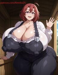 1girls ahoge ai ai_generated barn big_ass big_breasts breasts cleavage collarbone cow_girl_(goblin_slayer) erect_nipples frills goblin_slayer huge_ass huge_breasts hyper_breasts indoors inside_barn long_sleeves open_mouth overalls patreon patreon_username purple_hair rampage0118_(style) red_hair reenka25 short_hair smile suspenders thick thick_ass thick_thighs waving