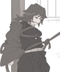 bondage erotic_situation gagged genital_outline kimetsu_no_yaiba man_boobs tied_up tomioka_giyuu