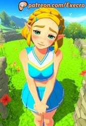 3d adorable ai_assisted ai_generated anime anime_style arms_down blonde_hair blush cheerleader cheerleader_outfit cute day embarrassed execro flowers from_above furrowed_brow green_eyes hairclips half-closed_eyes hi_res highres hill holding_hands light_green_eyes looking_at_viewer medium_breasts narrowed_eyes nintendo novelai outdoors patreon princess princess_zelda short_hair skirt sky soft_breasts standing trees uncensored watermark zelda_(tears_of_the_kingdom)