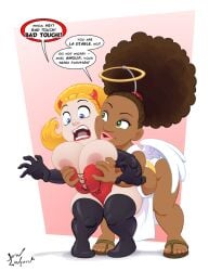 2girls angel_costume areola blush breast_fondling breast_grab breasts busty cleavage daisy_(jklind) dark-skinned_female dark_skin devil_costume dreadlocks female futa_on_female futanari jklind monique_(jklind) nipples nose shortstack voluptuous yuri