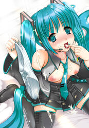 1girls aqua_eyes aqua_hair blush breasts bukkake cum cum_all_over cum_in_mouth cum_on_body cum_on_breasts cum_on_clothes cum_on_hair cum_on_lower_body cum_on_panties cum_on_thighs cum_on_tongue cum_on_upper_body detached_sleeves female hatsune_miku headphones headset holding holding_panties kojima_saya long_hair necktie nipples open_clothes open_mouth open_shirt panties shirt skirt solo striped striped_panties thighhighs tied_hair twintails underwear very_long_hair vocaloid zettai_ryouiki