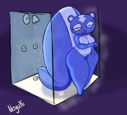 absurd_res anthro ass bedroom_eyes big_breasts big_butt big_tail blue_body blue_fur breasts buckteeth covering covering_breasts eyelashes female fur genitals happy_tree_friends hi_res mammal mephitid narrowed_eyes navel neyusleep petunia_(htf) pink_nose purple_background seductive shower simple_background skunk slightly_chubby soap solo steam tail teeth thick_thighs vulva wet wet_body wide_hips