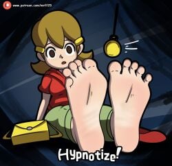 1girl 1girls 2d 2d_(artwork) 5-volt apron background barefeet barefoot blonde_hair brown_eyes clothed clothing color colored dark_background deviantart digital_drawing_(artwork) digital_media_(artwork) entranced feet feet_focus feet_together female female_only flats foot_fetish foot_focus footwear hair hypnosis hypnotized_female medium_hair milf mind_control mommy mother mrff25 nintendo patreon purse shoes_removed soles soles_female solo text toes toes_spread video_games warioware white_body white_skin