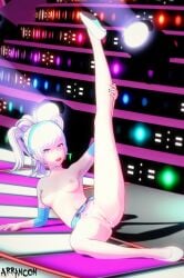 1girls arrancon blue_eyes breasts lifting_leg pussy rave rave_outfit rave_party rwby scar_across_eye small_breasts solo_female spread_legs weiss_schnee white_hair white_hair_female