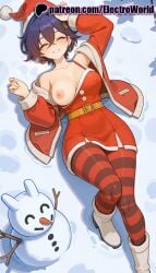 1girls 2026 ai_generated antlers artist_name belle_(zenless_zone_zero) boots breasts bust chest christmas closed_eyes earrings electroworld exposed_nipples female fur-trimmed_headwear hat hi_res high_quality high_resolution highres jewelry nipples nipples_outside patreon patreon_username red_headwear reindeer_antlers santa_costume santa_dress santa_hat short_hair smile stable_diffusion striped striped_legwear watermark zenless_zone_zero