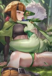 2girls ai_generated anus asymmetrical_docking big_butt breast_press breasts clothed_sex clothing_aside covered_nipples cowgirl_position cowgirl_tribadism face-to-face female female/female female_ejaculation female_only french_kiss gardenia_(pokemon) half-closed_eyes hug interspecies kissing large_ass large_breasts leg_lock nipples nokani on_lap pokemon pokemon_(species) pokephilia pussy pussy_juice roserade saliva scissoring self_upload small_breasts squirting tearing_up tongue_out tribadism yuri