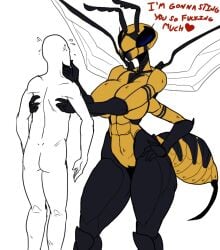 1boy 1girls antennae_(anatomy) arthropod arthropod_abdomen artlegionary breasts edit edited english_text hips human_male insects interspecies large_breasts larger_female monster_girl multi_arm simple_background stinger sweat text thick_thighs thighs third-party_edit vagina wasp white_background wide_hips wings