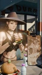 1girls 2026 3d 3d_(artwork) black_hair blender burger dashyarts dated detailed_background embarrassed epic_games fangs female female_focus female_only fortnite fortnite:_battle_royale hat headwear hi_res high_quality high_resolution highres holding_phone juxtaposition light-skinned_female light_skin looking_at_viewer nose_piercing nude nude_female phaedra_(fortnite) phone selfie selfie_pose watermark