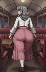 ai_generated ass ass_bigger_than_head ass_focus big_ass big_ass_(male) briefcase fear_and_hunger fear_and_hunger:_termina feminine_male grey_hair marina_(fear_and_hunger) mole mole_under_mouth pantylines pink_shirt scene_reference see-through see-through_clothing skirt socks train trap white_shirt white_socks