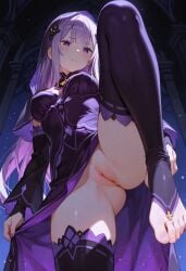 1girl ai_generated anus ass black_thighhighs blush breasts bridal_legwear cleft_of_venus closed_mouth detached_sleeves dress feet from_below knee_up large_breasts leg_up legs long_hair long_sleeves looking_at_viewer looking_down nail_polish no_panties no_shoes nun pink_nails purple_eyes purple_hair purple_nails purple_thighhighs pussy re:zero_kara_hajimeru_isekai_seikatsu satella_(re:zero) sidelocks solo standing standing_on_one_leg stirrup_legwear thighhighs thighs toeless_legwear toenail_polish toenails toes uncensored veil