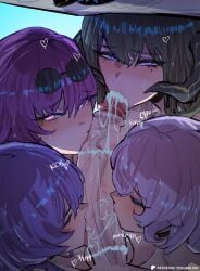 1boy 4girls absurdres acheron_(honkai:_star_rail) black_hair black_swan_(honkai:_star_rail) caelus_(honkai:_star_rail) collaborative_fellatio cooperative_fellatio cum cum_in_mouth cum_on_body cum_on_penis demon_horns eyewear_on_head fellatio hat highres honkai:_star_rail honkai_(series) horns hoyoverse kafka_(honkai:_star_rail) licking licking_penis light-skinned_female light-skinned_male light_skin long_hair mihoyo mole mole_under_eye multiple_girls oral penis pov purple_eyes purple_hair sun_hat teamwork_(sexual) the_dahlia_(honkai:_star_rail) uncensored white_hat zergbrush