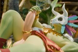 3:2 3d_(artwork) absurd_res anthro balls bamboo blender_(artwork) bodily_fluids bone digital_media_(artwork) feathers genital_fluids genitals glass gold_(metal) gold_jewelry grass green_body green_scales hi_res jewelry lihzahrd lizard looking_at_viewer lying male murrajfur on_back outside peeing_into_container penis plant reptile scales scalie skull solo terraria tribal urine watersports witch_doctor_(terraria)