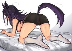 1girls bike_shorts blush breasts_out cameltoe commission fenomeno_(umamusume) horse_girl kemonomimi on_hands_and_knees on_knees purple_hair pussy_peek ramdomrot see-through shirt_lift socks solo sweat tail umamusume umamusume_pretty_derby wet