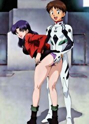 ai ai_art ai_generated ass ass_grab butt_grab misato_katsuragi neon_genesis_evangelion neopn_genesis_evangelion purple_hair purple_thong purple_underwear round_ass round_butt shinji_ikari