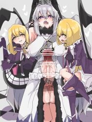 absurdres aeolian_achtelnote armpits arms_up black_gloves blonde_hair boots bound bound_arms censored commentary_request elbow_gloves engi_threepiece full-package_futanari futanari gloves grey_hair grin hand_on_own_cheek hand_on_own_face heart highres huge_cock ionian_achtelnote musical_note open_mouth orange_eyes penis purple_boots purple_eyes siblings smile symbol-shaped_pupils t1tsu_kyun testicles thigh_boots triangle-shaped_pupils twins twitching_penis yumekui_merry