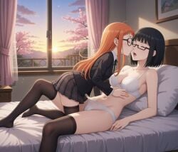 about_to_kiss ai_generated bed bedroom black_hair blush bra cameltoe closed_eyes daughter grinding grinding_on_leg implied_incest mother mother_and_daughter older_female_and_younger_female orange_hair panties persona persona_(series) persona_5 sakura_blossoms sakura_futaba school_skirt school_uniform schoolgirl schoolgirl_uniform stockings stockings_thigh_highs straddling sunset teenager underwear wakaba_ishiki yuri