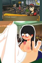 amagi_yukiko atlus big_breasts black_hair black_pupils blush blushing_female classroom clothed_male_nude_female detailed_background erected_nipples erected_penis faceless_male female_focus flustered_female hanamura_yousuke inminent_sex looking_at_penis narukami_yu nude_female orange_hair penis_between_breasts persona_4 persona_4_the_golden pink_nipples satonaka_chie screenshot seta_souji sitting_on_bed small_areola straight_hair surprised_expression video_game_character video_games