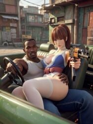 3d ai_generated ak-47 arm_around_shoulders asian_female car carl_johnson couple couple_(romantic) crossover dark-skinned_male dead_or_alive eastern_and_western_character gangster ghetto gold_jewelry grand_theft_auto grand_theft_auto:_san_andreas gun hand_on_hip inside_car interracial jewelry kasumi_(doa) kunoichi light-skinned_female los_santos pointing_gun pointing_gun_at_viewer ponytail posing sitting_on_lap sitting_on_person wowzerpowzers