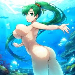 ai ai_generated alluring ass bare_legs completely_nude_female female fire_emblem fire_emblem:_the_blazing_blade fire_emblem_warriors generated green_hair intelligent_systems lyn lyn_(fire_emblem) lyndis lyndis_(fire_emblem) nightcore_(artist) nintendo nude ocean ponytail pussy skinny_dipping solo teal_eyes underwater