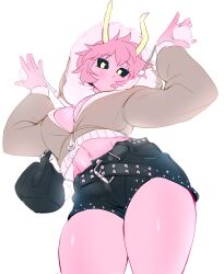 belly belly_button black_sclera boku_no_hero_academia boku_no_hero_academia_(finale) breasts cleavage coat fit fit_female fluffy hips hips_wider_than_shoulders holic_fz hoodie_only inner_sideboob looking_at_viewer midriff mina_ashido mina_ashido_time-skip my_hero_academia my_hero_academia_(finale) pink_hair post-timeskip shorts sideboob sticking_out_tongue thick_legs thick_thighs thighs toned toned_female tongue unzipped wide_hips yellow_eyes yellow_horns