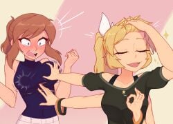 2girls 4_arms a_hat_in_time aged_up bare_shoulders big_breasts blonde_hair blue_eyes blush blush_lines breast_grab breasts brown_hair closed_eyes fangs female female_only groping groping_breasts hair_flip harassment hat_adult hat_kid human large_breasts long_hair meme naoya_hair_flip nelly ok_sign open_mouth ponytail shocked shocked_expression shocked_face slapping_breasts sleeveless sleeveless_shirt spider_girl stars surprise surprised surprised_expression surprised_face surprised_look xyroni yuri