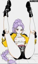1girls :o ai ai_art ai_generated artist_logo artist_name belt black_boots black_shorts bluesky_link braid breasts breasts_out brown_eyes earrings female female_focus female_only fingerless_gloves kpop_demon_hunters legs_up netflix nipples open_jacket purple_hair quinzo11 rumi_(kpop_demon_hunters) self_upload simple_background sitting sitting_female sitting_on_ground sony_pictures_animation spiked_shoulder_pads white_background yellow_jacket