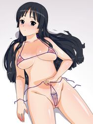 bangs bikini black_hair blunt_bangs breasts cameltoe female female_only hime_cut human human_only k-on! long_hair micro_bikini mine_(peak) mio_akiyama_(k-on!) pointy_chin pubic_hair see-through solo swimsuit uncensored