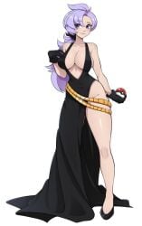 anabel_(pokemon) bare_shoulders breasts cleavage curvy dress earpiece female female_focus full_body gloves high_heels highres huge_breasts long_hair looking_at_viewer matching_hair/eyes nintendo no_bra oninuer poke_ball pokemon pokemon_sm purple_eyes purple_hair solo thick_thighs thighs wide_hips