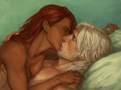 1boy 1girls average_breasts beard breasts breasts_against_chest capcom chest_hair dante_(devil_may_cry) dark-skinned_female dark_skin devil_may_cry devil_may_cry_2 devil_may_cry_5 female female_on_top hair_down kissing light-skinned_male light_skin long_hair lucia_(devil_may_cry) lying_on_back lying_on_bed lying_on_person male medium_breasts muscular muscular_female muscular_male nude nude_female nude_male on_bed red_hair vetamora white_hair